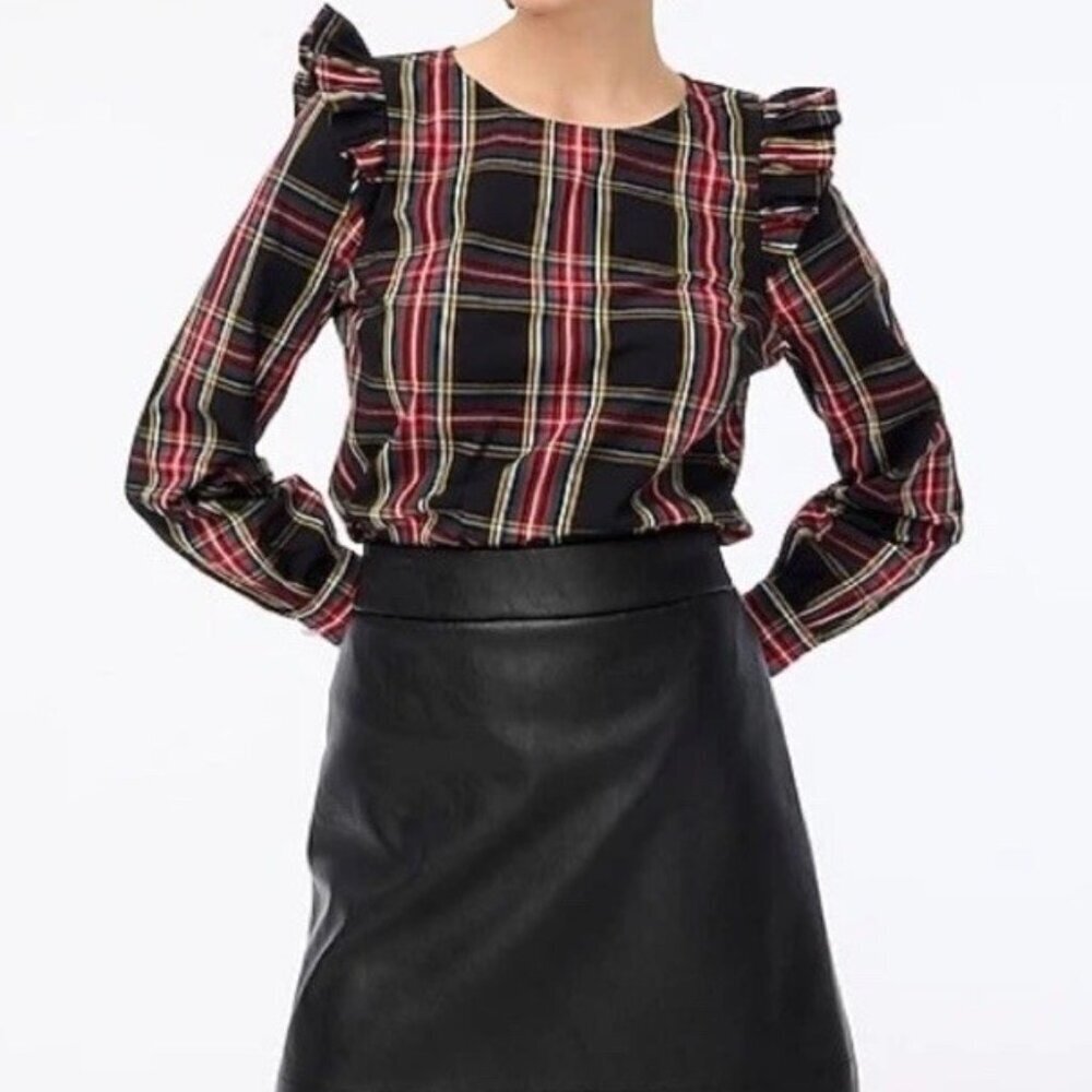 J. Crew Factory Women's Small Cotton Blend‎ Stewart Poplin Tartan Ruffle Top